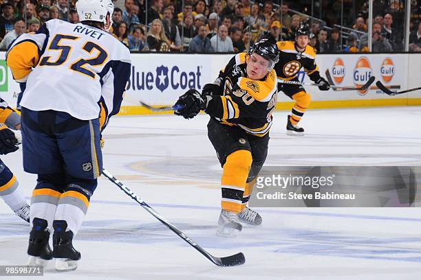 Vladimir Sobotka of the Boston Bruins shoots the puck against the Buffalo Sabres in Game Four of the Eastern Conference Quarterfinals during the 2010...