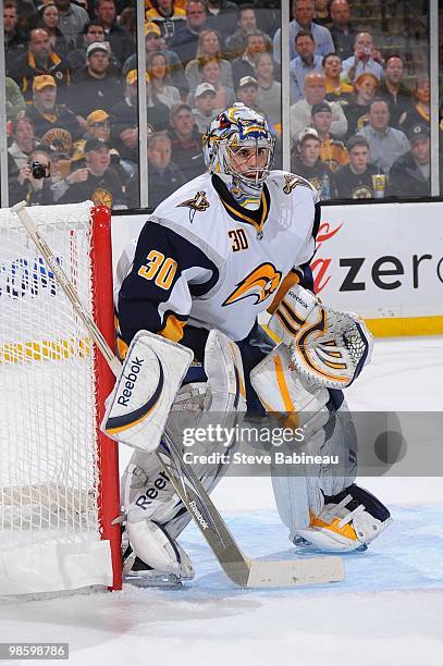 Ryan Miller of the Buffalo Sabres watches the play against the Boston Bruins in Game Four of the Eastern Conference Quarterfinals during the 2010 NHL...