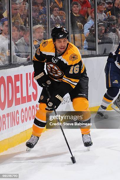 Marco Sturm of the Boston Bruins skates with the puck against the Buffalo Sabres in Game Four of the Eastern Conference Quarterfinals during the 2010...