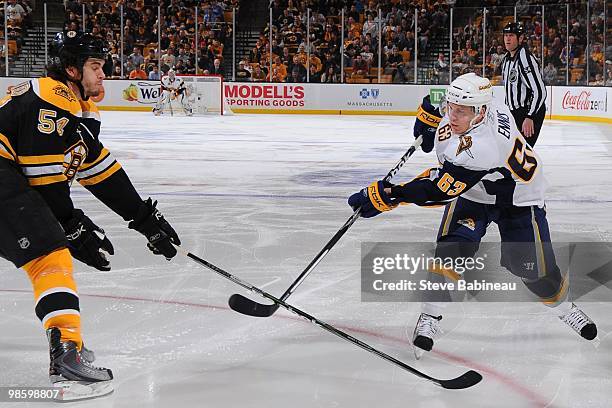 Tyler Ennis of the Buffalo Sabres passes the puck against the Boston Bruins in Game Four of the Eastern Conference Quarterfinals during the 2010 NHL...