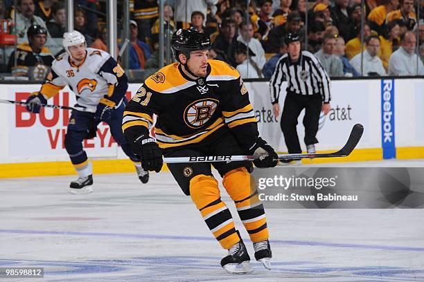 Andrew Ference of the Boston Bruins watches the play against the Buffalo Sabres in Game Four of the Eastern Conference Quarterfinals during the 2010...