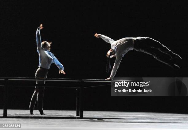 Artists of the company in Nederlands Dans Theatre 1's production of Crystal Pite's The Statement at Sadler's Wells Theatre on June 26, 2018 in...