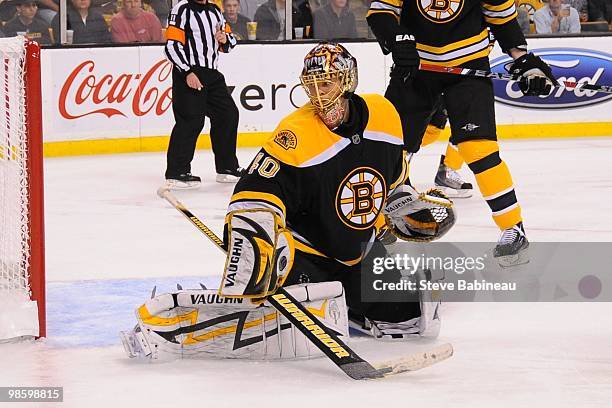 Tuukka Rask of the Boston Bruins watches the loose puck against the Buffalo Sabres in Game Four of the Eastern Conference Quarterfinals during the...