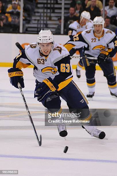 Tyler Ennis of the Buffalo Sabres skates ater the puck against the Boston Bruins in Game Four of the Eastern Conference Quarterfinals during the 2010...