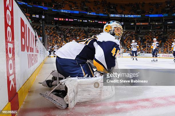 Patrick Lalime of the Buffalo Sabres during warm-ups before the game against the Boston Bruins in Game Four of the Eastern Conference Quarterfinals...