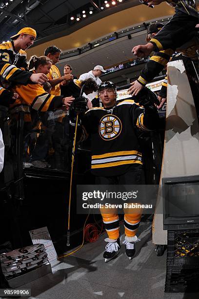Michael Ryder of the Boston Bruins walks out to warm-ups before the game against the Buffalo Sabres in Game Four of the Eastern Conference...