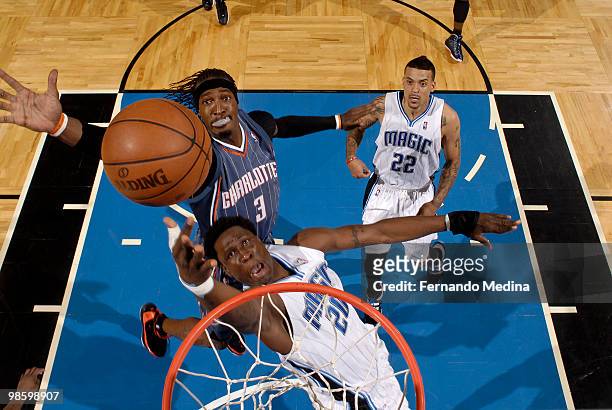 Mickael Pietrus of the Orlando Magic shoots against Gerald Wallace of the Charlotte Bobcats in Game Two of the Eastern Conference Quarterfinals...