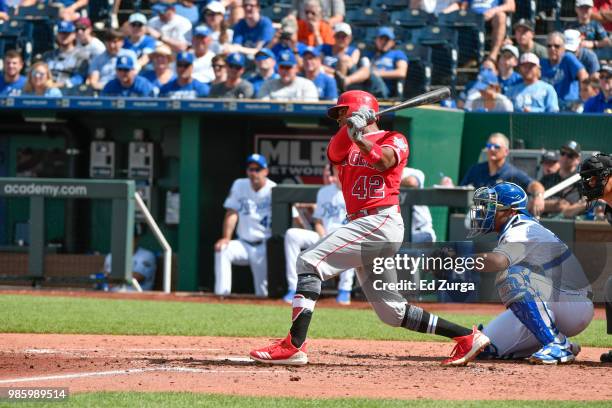 Justin Upton of the Los Angeles Angels of Anaheim bats against the Kansas City Royals at Kauffman Stadium on June 25, 2018 in Kansas City, Missouri....