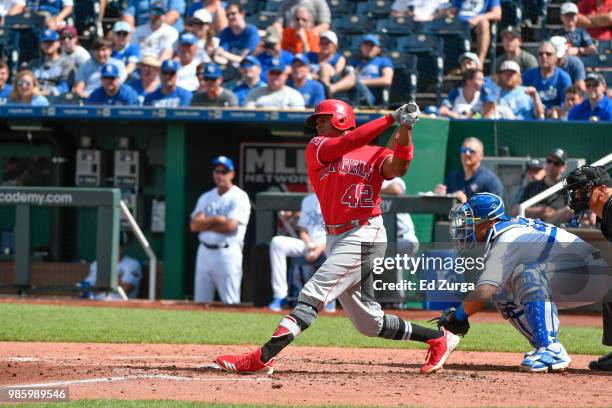 Justin Upton of the Los Angeles Angels of Anaheim bats against the Kansas City Royals at Kauffman Stadium on June 25, 2018 in Kansas City, Missouri....