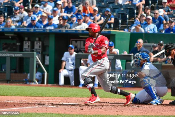 Justin Upton of the Los Angeles Angels of Anaheim bats against the Kansas City Royals at Kauffman Stadium on June 25, 2018 in Kansas City, Missouri....