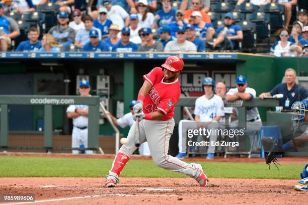Luis Valbuena of the Los Angeles Angels of Anaheim hits against the Kansas City Royals at Kauffman Stadium on June 25, 2018 in Kansas City, Missouri....