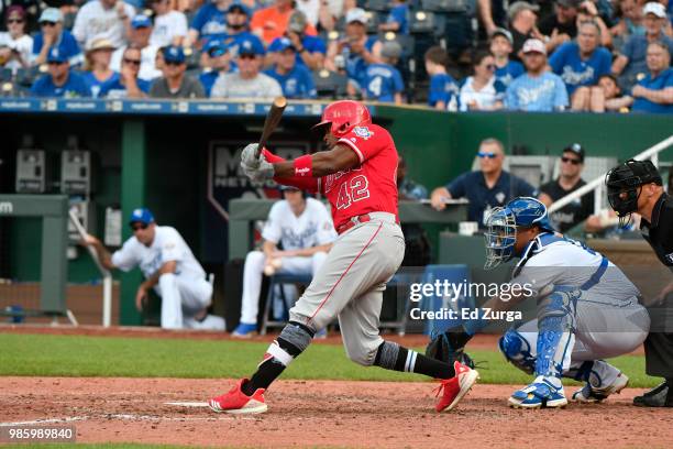 Justin Upton of the Los Angeles Angels of Anaheim hits against the Kansas City Royals at Kauffman Stadium on June 25, 2018 in Kansas City, Missouri....