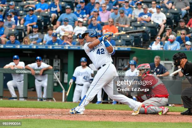 Salvador Perez of the Kansas City Royals hits against the Los Angeles Angels of Anaheim at Kauffman Stadium on June 25, 2018 in Kansas City,...