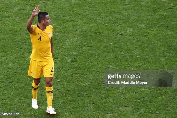 June 26: Tim Cahill of Australia waves to fans after the 2018 FIFA World Cup Russia group C match between Australia and Peru at Fisht Stadium on June...