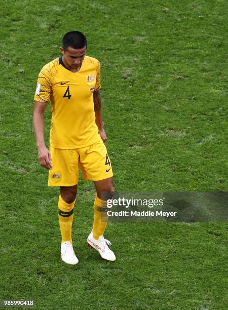 June 26: Tim Cahill of Australia reacts after Australia was eliminated from the 2018 FIFA World Cup Russia group C match between Australia and Peru...