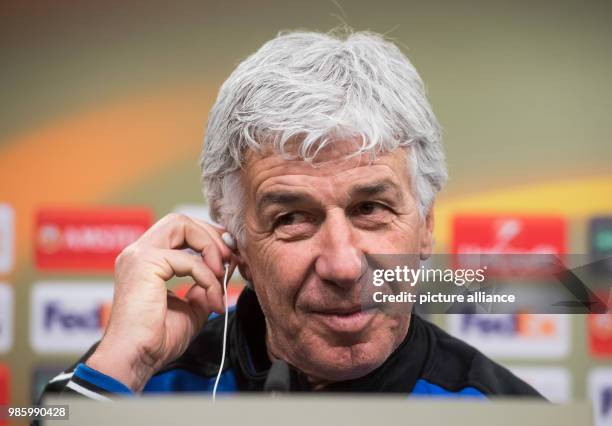 Atalanta Bergamo's coach Gian Piero Gasperini speaks during a press conference in Dortmund, Germany, 14 February 2018. Europa League last round of...