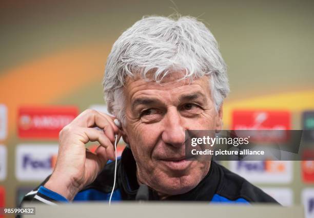 Atalanta Bergamo's coach Gian Piero Gasperini speaks during a press conference in Dortmund, Germany, 14 February 2018. Europa League last round of...