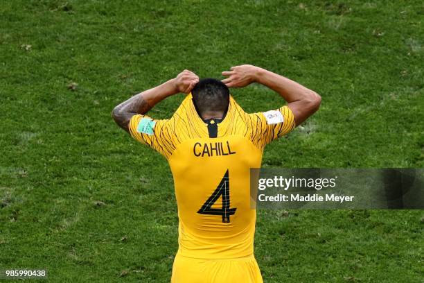 June 26: Tim Cahill of Australia reacts after the 2018 FIFA World Cup Russia group C match between Australia and Peru at Fisht Stadium on June 26,...