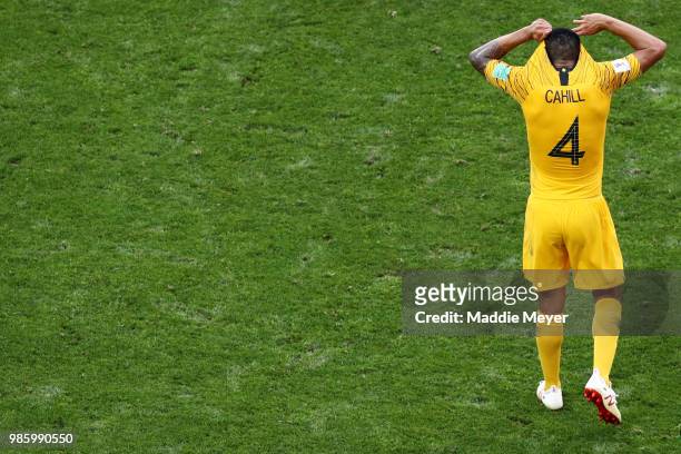 June 26: Tim Cahill of Australia reacts after the 2018 FIFA World Cup Russia group C match between Australia and Peru at Fisht Stadium on June 26,...