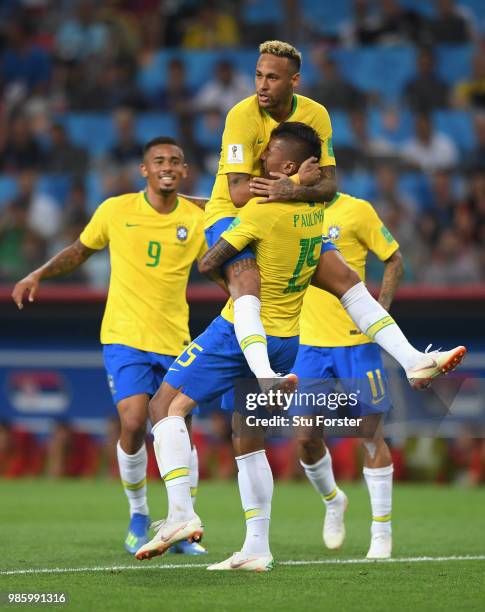 Brazil goalscorer Paulinho celebrates his goal with Gabriel Jesus and Neymar Jr during the 2018 FIFA World Cup Russia group E match between Serbia...