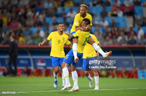 Brazil goalscorer Paulinho celebrates his goal with Gabriel Jesus and Neymar Jr during the 2018 FIFA World Cup Russia group E match between Serbia...