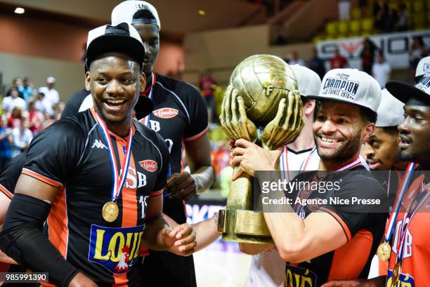 Wilfried Yeguette and Chris Lofton of Le Mans with the trophy during the Final Jeep Elite match between Monaco and Le Mans on June 24, 2018 in...