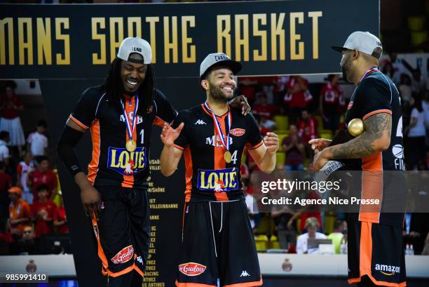 Mykal Riley, Chris Lofton and Romeo Travis of Le mans celebrates the victory during the Final Jeep Elite match between Monaco and Le Mans on June 24,...