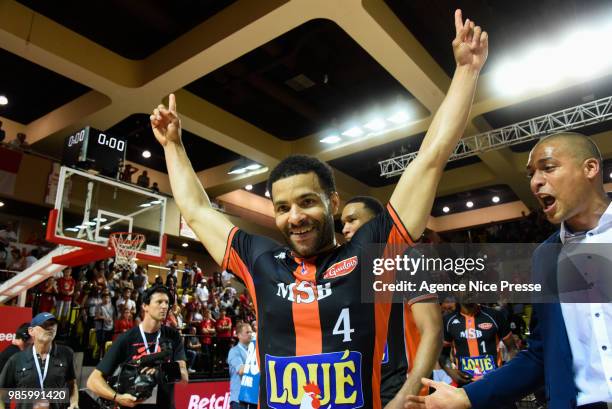 Joy of Chris Lofton of Le Mans and Dounia Issa assistant coach during the Final Jeep Elite match between Monaco and Le Mans on June 24, 2018 in...