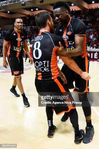 Joy of Wilfried Yeguette, Antoine Eito and Yannis Morin of Le Mans during the Final Jeep Elite match between Monaco and Le Mans on June 24, 2018 in...