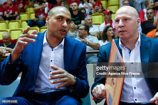 Eric Bartecheky coach of Le Mans and his assistant Dounia Issa during the Final Jeep Elite match between Monaco and Le Mans on June 24, 2018 in...