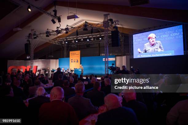 German Chancellor and chairwoman of the Christian Democratic Union , Angela Merkel delivers a speech during the traditional Political Ash Wednesday...