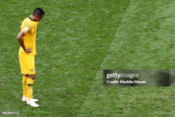 June 26: Tim Cahill reacts after Australia was eliminated from the 2018 FIFA World Cup Russia after the group C match between Australia and Peru at...