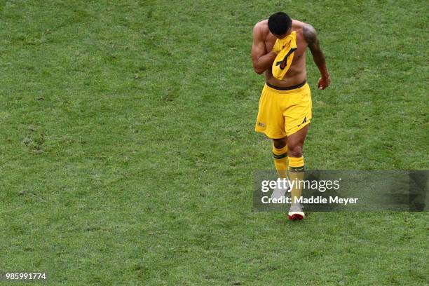 June 26: Tim Cahill reacts after Australia was eliminated from the 2018 FIFA World Cup Russia after the group C match between Australia and Peru at...