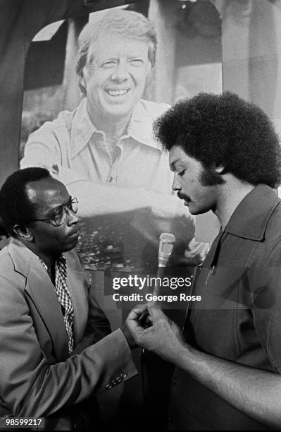 The Reverend Jesse Jackson speaks to a reporter during the 1976 New York, New York, Democratic National Convention at Madison Garden.