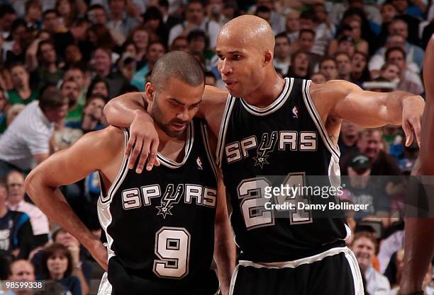 Richard Jefferson and Tony Parker of the San Antonio Spurs talk strategy against the Dallas Mavericks in Game Two of the Western Conference...