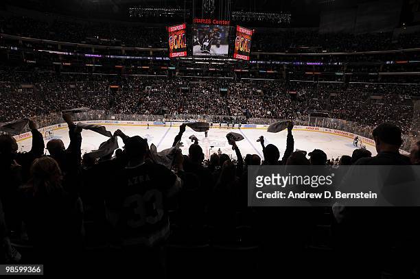 Fans cheer after Drew Doughty of the Los Angeles Kings score a goal against the Vancouver Canucks in Game Four of the Western Conference...