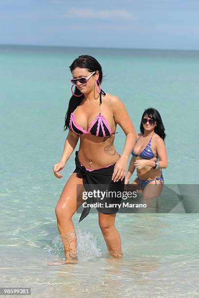 Jenni 'JWoww' Farley and Angelina 'Jolie' Pivarnick are seen on April 21, 2010 in Miami Beach, Florida.