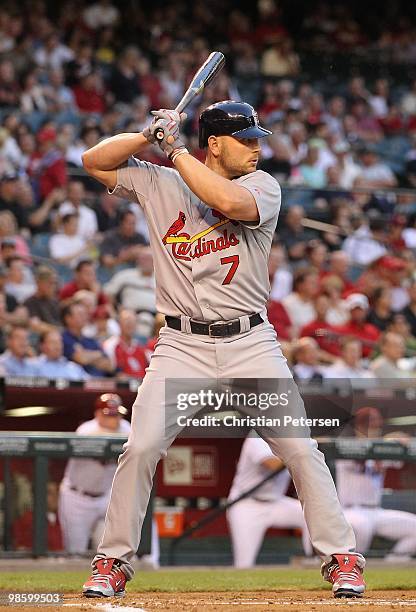 Matt Holliday of the St. Louis Cardinals bats against the Arizona Diamondbacks during the Major League Baseball game at Chase Field on April 19, 2010...