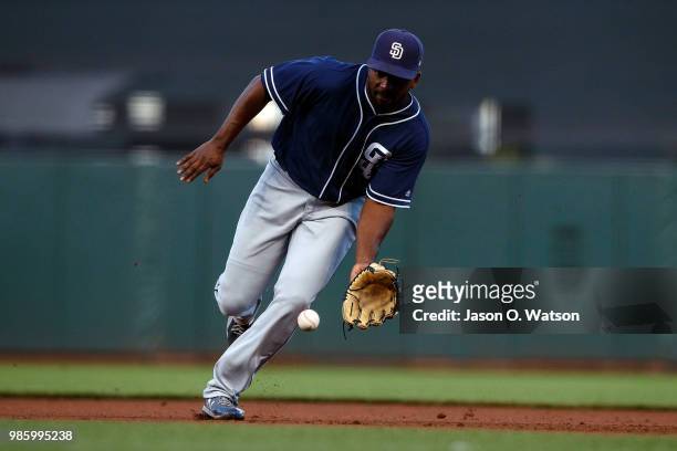 Jose Pirela of the San Diego Padres fields a ground ball against the San Francisco Giants during the fourth inning at AT&T Park on June 21, 2018 in...
