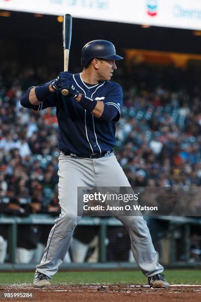 Ellis of the San Diego Padres at bat against the San Francisco Giants during the third inning at AT&T Park on June 21, 2018 in San Francisco,...