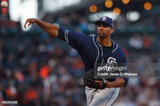 Tyson Ross of the San Diego Padres pitches against the San Francisco Giants during the first inning at AT&T Park on June 21, 2018 in San Francisco,...