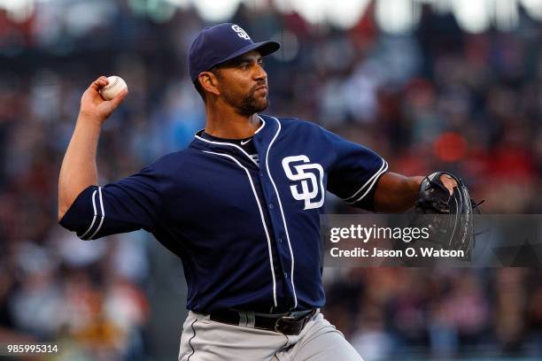 Tyson Ross of the San Diego Padres throws to first base against the San Francisco Giants during the second inning at AT&T Park on June 21, 2018 in...