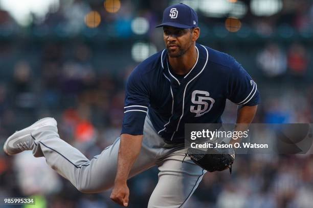 Tyson Ross of the San Diego Padres pitches against the San Francisco Giants during the first inning at AT&T Park on June 21, 2018 in San Francisco,...