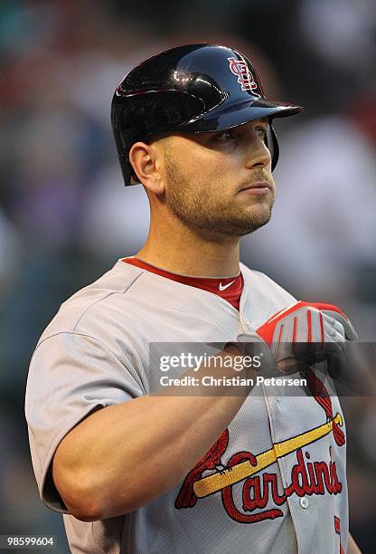 Matt Holliday of the St. Louis Cardinals bats against the Arizona Diamondbacks during the Major League Baseball game at Chase Field on April 19, 2010...