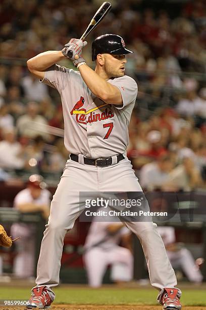 Matt Holliday of the St. Louis Cardinals bats against the Arizona Diamondbacks during the Major League Baseball game at Chase Field on April 19, 2010...