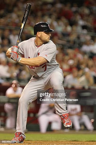 Matt Holliday of the St. Louis Cardinals bats against the Arizona Diamondbacks during the Major League Baseball game at Chase Field on April 19, 2010...