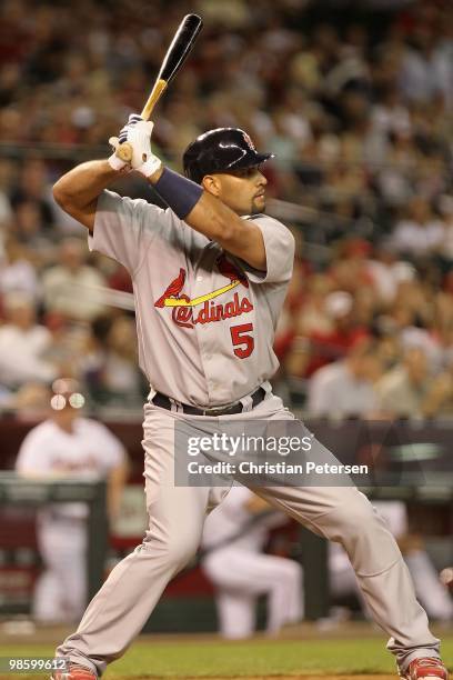 Albert Pujols of the St. Louis Cardinals bats against the Arizona Diamondbacks during the Major League Baseball game at Chase Field on April 19, 2010...