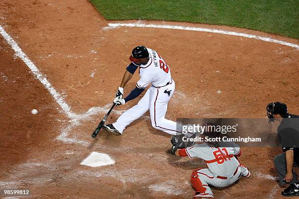 Jason Heyward of the Atlanta Braves hits against the Philadelphia Phillies at Turner Field on April 21, 2010 in Atlanta, Georgia. The Phillies...