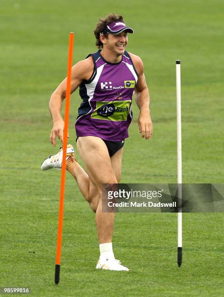 Billy Slater of the Storm completes a race in his Speedo's during a Melbourne Storm NRL training session at Visy Park on April 22, 2010 in Melbourne,...