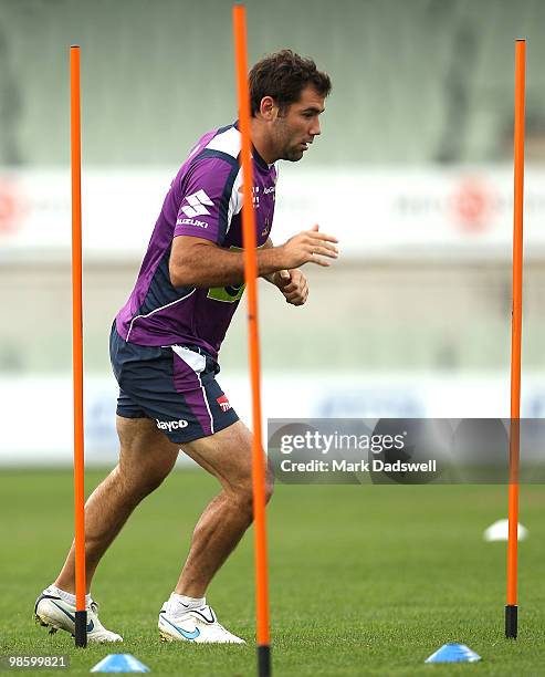 Cameron Smith of the Storm warms up during a Melbourne Storm NRL training session at Visy Park on April 22, 2010 in Melbourne, Australia.